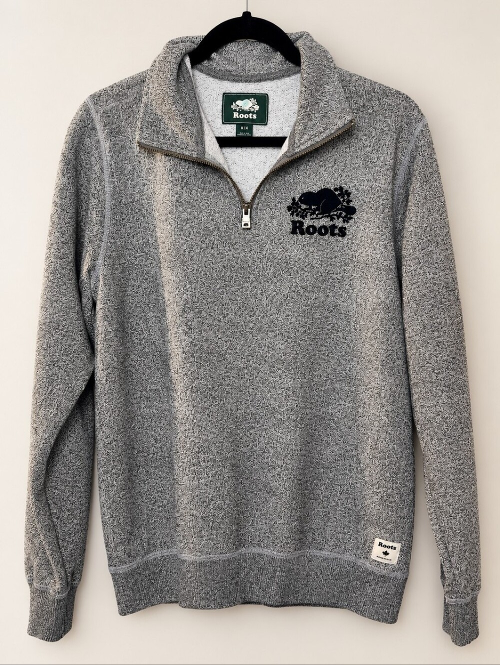 Roots Original Salt & Pepper Quarter-Zip Pullover – Size M